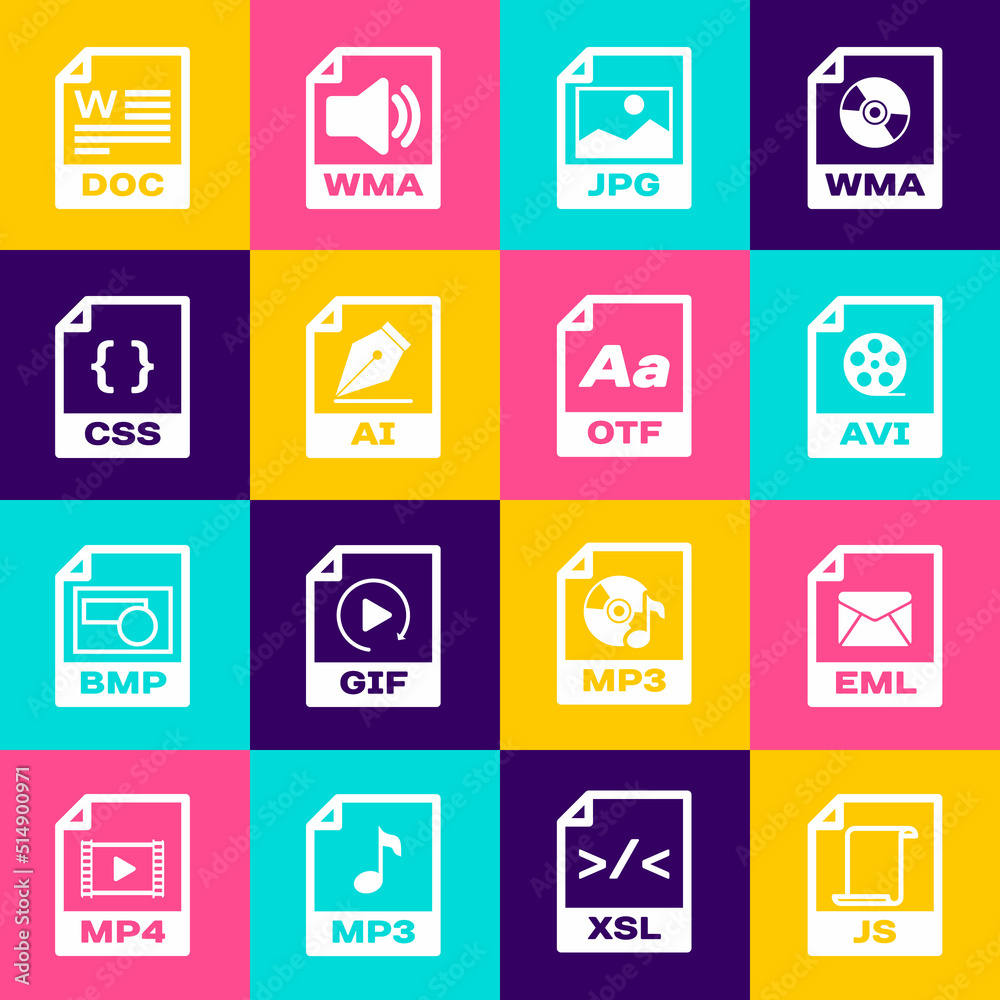 Set JS file document, EML, AVI, JPG, AI and CSS icon. Vector Set JS file document, EML, AVI, JPG, AI and CSS icon. Vector