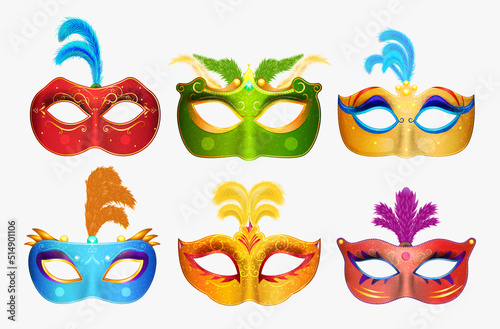 Mardi Gras Venetian handmade carnival masks. Face masks collection for masquerade party. Vector illustration 