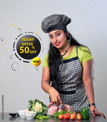 Special offer symbol. Advertising Discounts symbol. young woman chef offering meat and vegitables