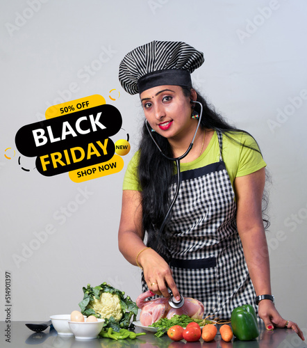 Black friday sale design Decorative Advertising Discounts symbol posing young lady