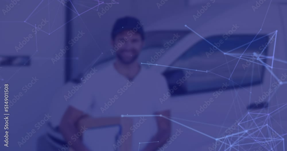 Animation of connections over blue background and caucasian male courier Animation of connections over blue background and caucasian male courier