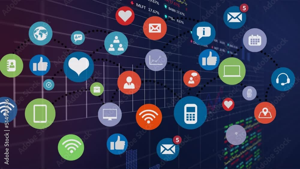 Animation of tech icons over financial data and graphs on navy background Animation of tech icons over financial data and graphs on navy background