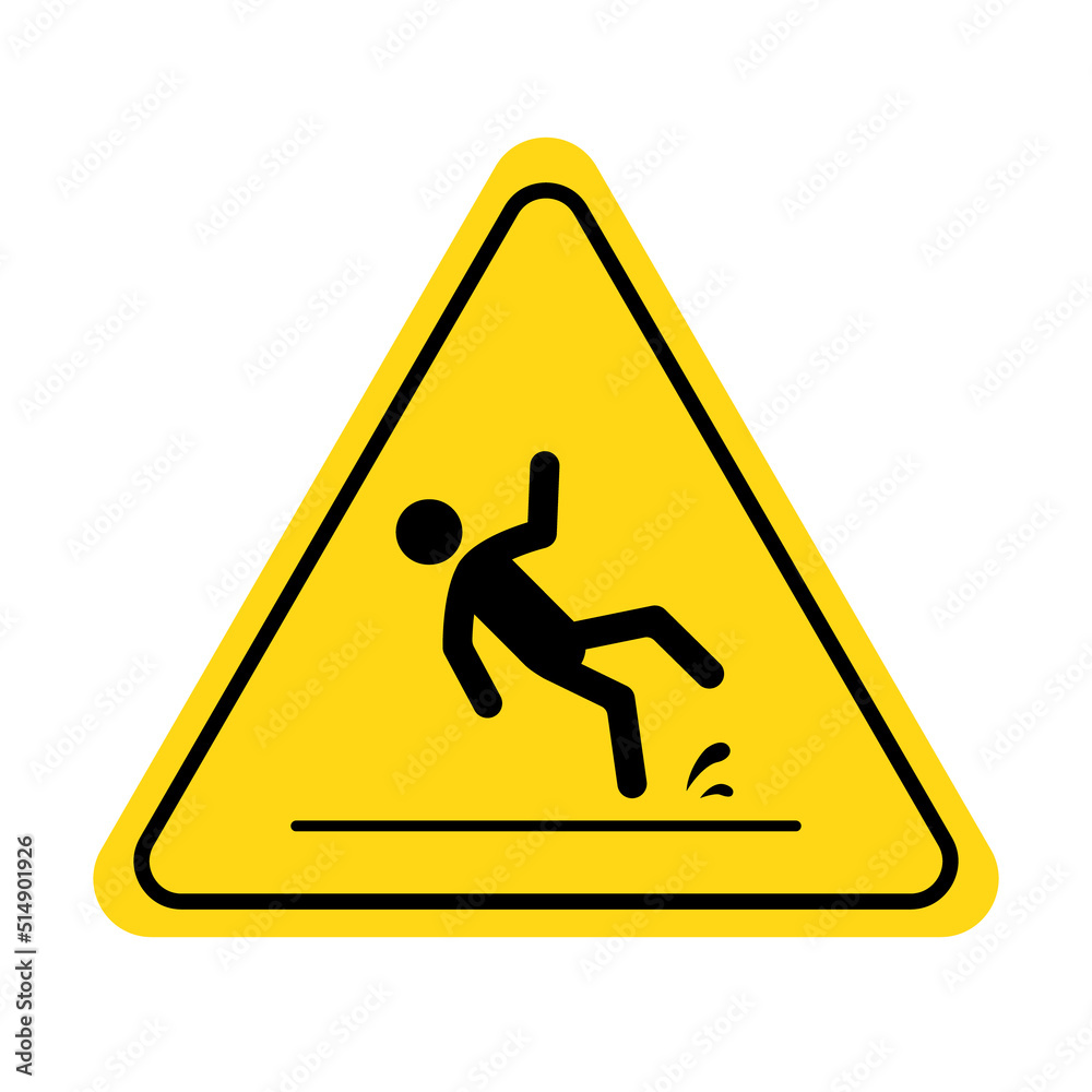 Wet floor icon. Slippery floor caution sign with fall pictogram man. Warning, danger, yellow triangle sign. Vector illustration. Wet floor icon. Slippery floor caution sign with fall pictogram man. Warning, danger, yellow triangle sign. Vector illustration.