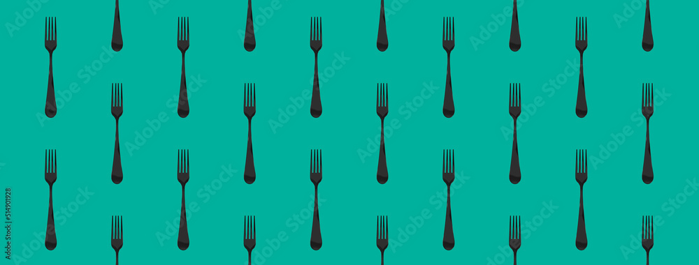 pattern. Fork top view on pastel green blue background. Template for applying to surface. Banner for insertion into site. Flat lay. 3D image. 3D rendering. pattern. Fork top view on pastel green blue background. Template for applying to surface. Banner for insertion into site. Flat lay. 3D image. 3D rendering.