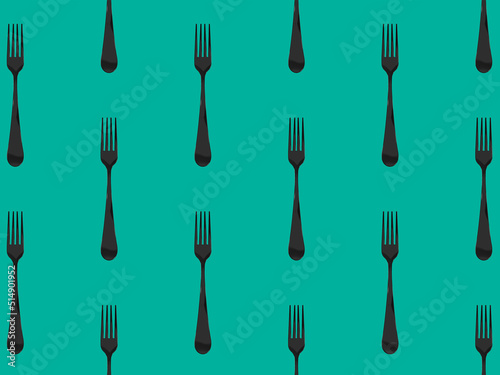 pattern. Fork top view on pastel green blue background. Template for applying to surface. Horizontal image. Flat lay. 3D image. 3D rendering.