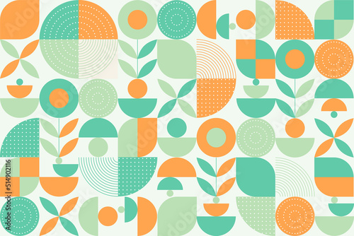 Geometric abstract pattern background, design element with the simple shape of circle, semi-circle, and dot pattern. Mural design. Neo geometric. Vector Illustration.
