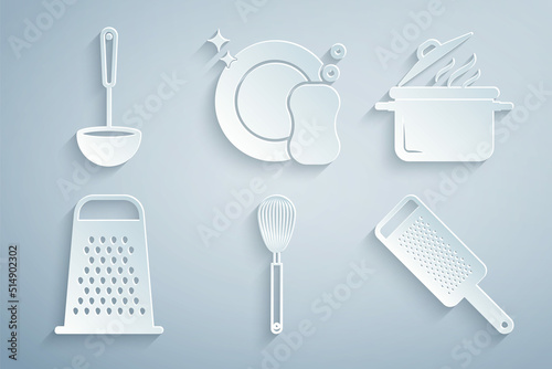 Set Kitchen whisk, Cooking pot, Grater, Washing dishes and ladle icon. Vector