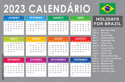 2023 Calendar Vector, brazilian version With Holidays light