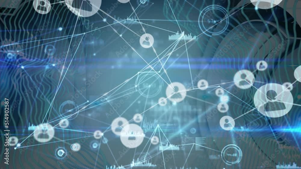 Animation of network of connections over blue background with waves Animation of network of connections over blue background with waves