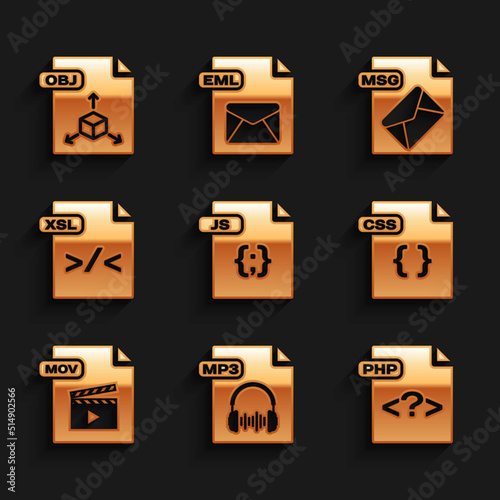 Set JS file document, MP3, PHP, CSS, MOV, XSL, MSG and OBJ icon. Vector