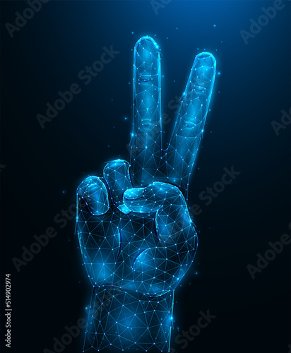 Abstract vector illustration of a hand showing a gesture of peace or victory on a dark blue background. Hand with two fingers up low poly design. Pacifism concept. Futuristic banner or background.