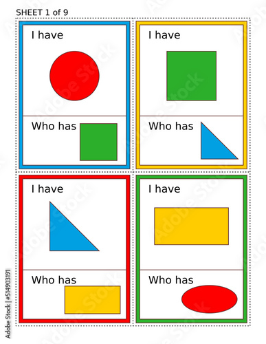 Educational math game for kids - I Have Who Has. One sheet of nine. Learn or reinforce basic shapes and colors. 