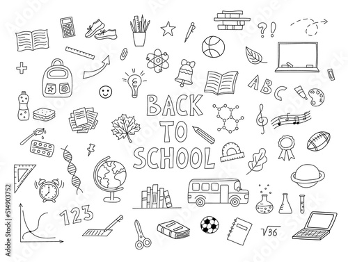 School hand drawn set. Objects for educaton. School drawings. Design doodle elements. Black supplies collection on white background. Vector illustration