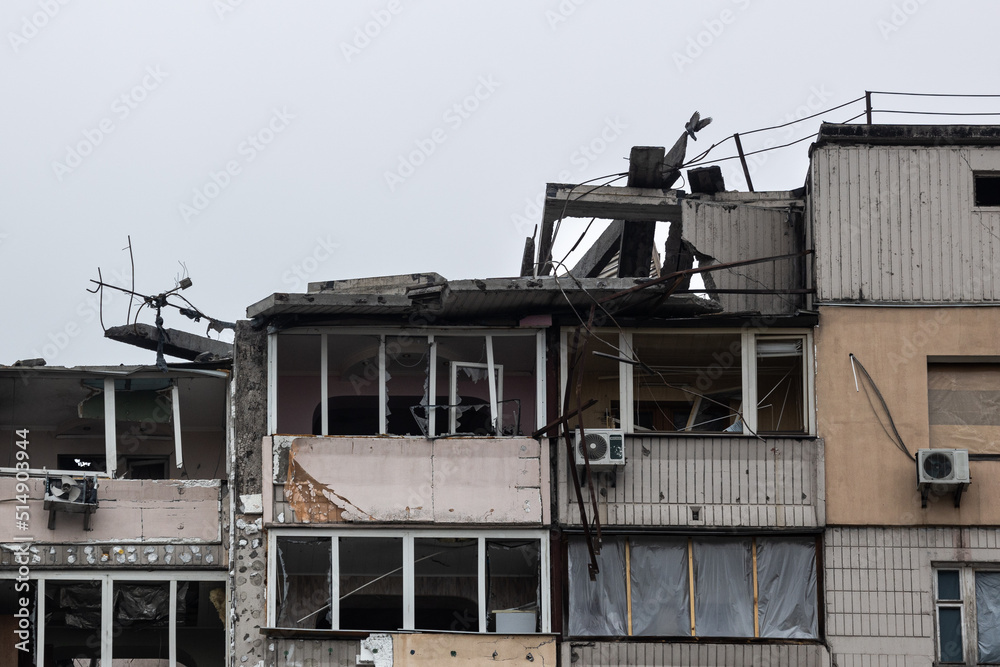 KYIV, UKRAINE - APR 21, 2022: The rooftop and apartments of an apartment building on Poznyaky was destroyed by the Kalibr cruise missile at the 17 march of the full-scale Russian invasion of Ukraine