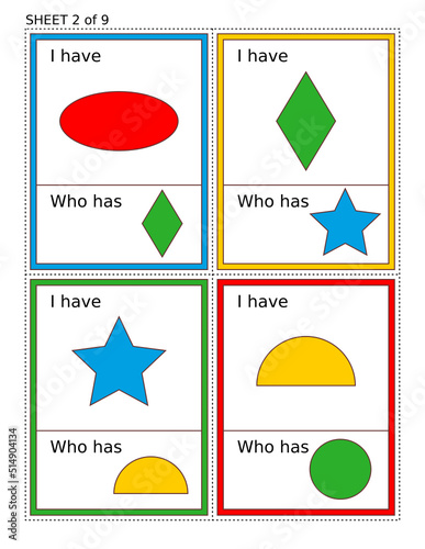 Educational math game for kids - I Have Who Has. One sheet of nine. Learn or reinforce basic shapes and colors. 