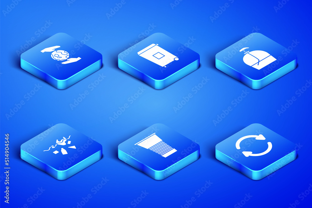 Set Refresh, Hands holding Earth globe, Paper glass, Problem of pollution planet, Trash can and Bottle liquid soap icon. Vector Set Refresh, Hands holding Earth globe, Paper glass, Problem of pollution planet, Trash can and Bottle liquid soap icon. Vector