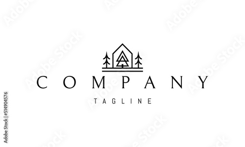 Vector logo on which an abstract image of a hut in the forest in a linear style.
