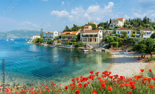 Landscape witn Fiskardo village and Zavalata beach on Kefalonia, Ionian island, Greece
