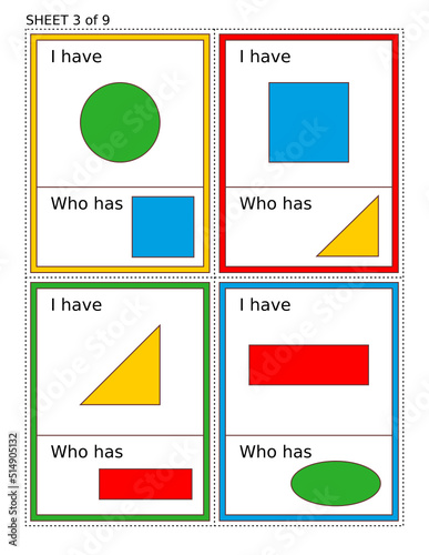 Educational math game for kids - I Have Who Has. One sheet of nine. Learn or reinforce basic shapes and colors. 