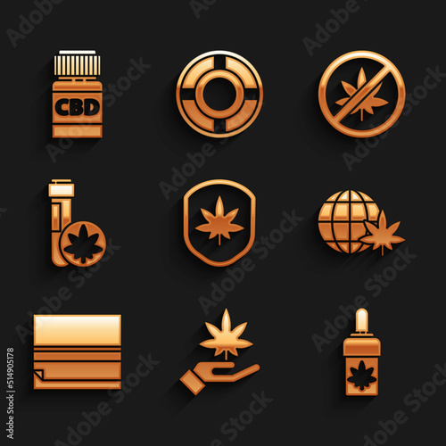 Set Shield and marijuana leaf, Marijuana or cannabis, olive oil, Legalize globe, Rolling paper, Chemical test tube with, Stop and Medical bottle icon. Vector