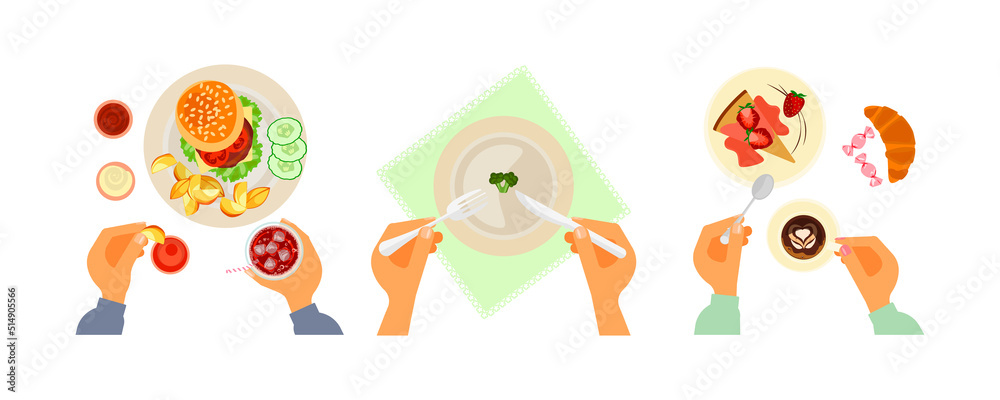 Fototapeta premium Top view on different diet, sweets and fast food dishes