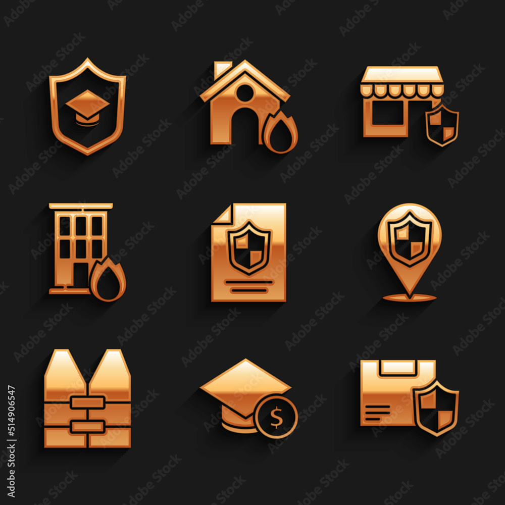 Set Contract with shield, Graduation cap and coin, Delivery security, Location, Life jacket, Fire burning house, Shopping building and icon. Vector Set Contract with shield, Graduation cap and coin, Delivery security, Location, Life jacket, Fire burning house, Shopping building and icon. Vector