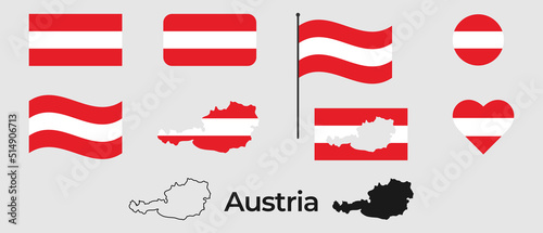 Flag of Austria. Silhouette of Austria. National symbol. Square, round and heart shape. The symbol of the Austria flag.