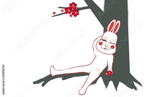 年賀状素材　梅の木にもたれているうさぎ