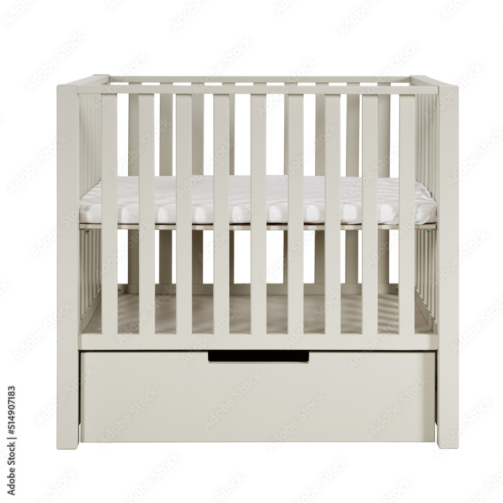 Grey Square baby box nursery bed with drawer freestanding isolated on a white background Grey Square baby box nursery bed with drawer freestanding isolated on a white background