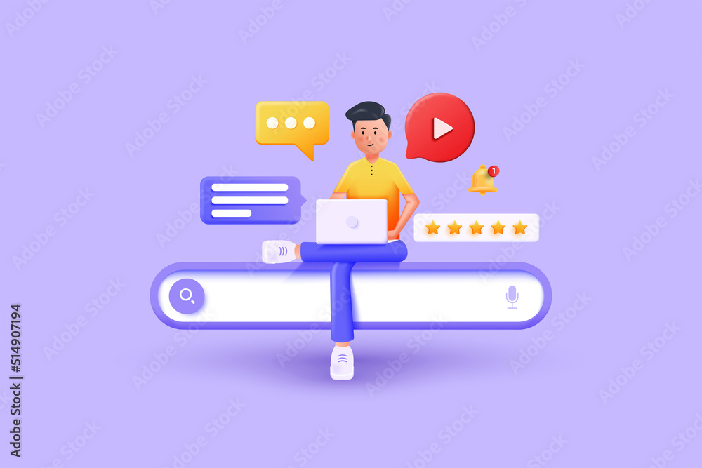 3D Render of Young Man Sitting on bar with working on his Laptop. Concept of web development and coding. 3D vector illustration 3D Render of Young Man Sitting on bar with working on his Laptop. Concept of web development and coding. 3D vector illustration