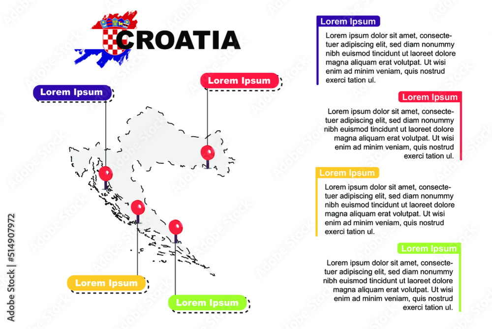 Croatia travel location infographic, tourism and vacation concept, popular places of Croatia, country graphic vector template, designed map idea, sightseeing destinations Croatia travel location infographic, tourism and vacation concept, popular places of Croatia, country graphic vector template, designed map idea, sightseeing destinations
