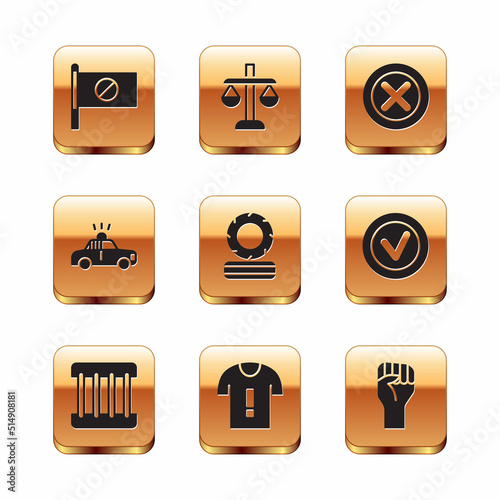 Set Protest, Prison window, T-shirt protest, Lying burning tires, Police car and flasher, X Mark, Cross circle, Raised hand with clenched fist and Scales of justice icon. Vector