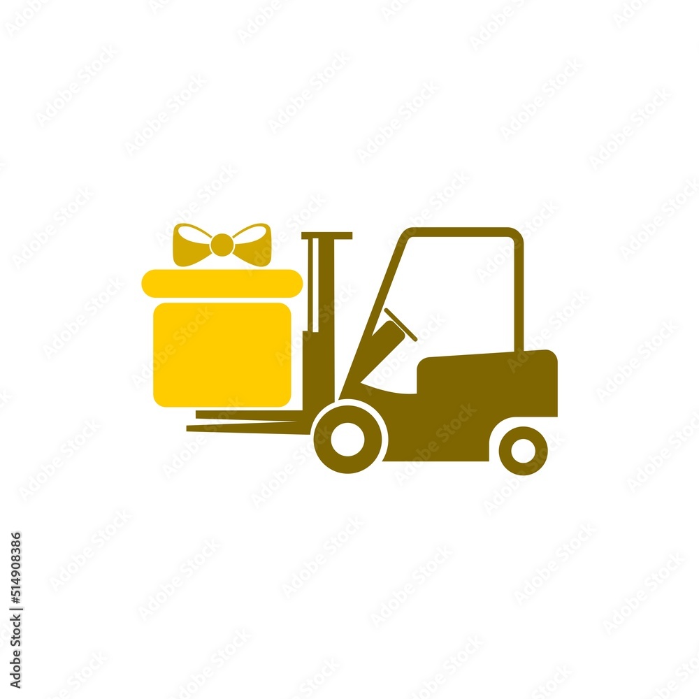 Forklift vehicle with gift icon isolated on white background