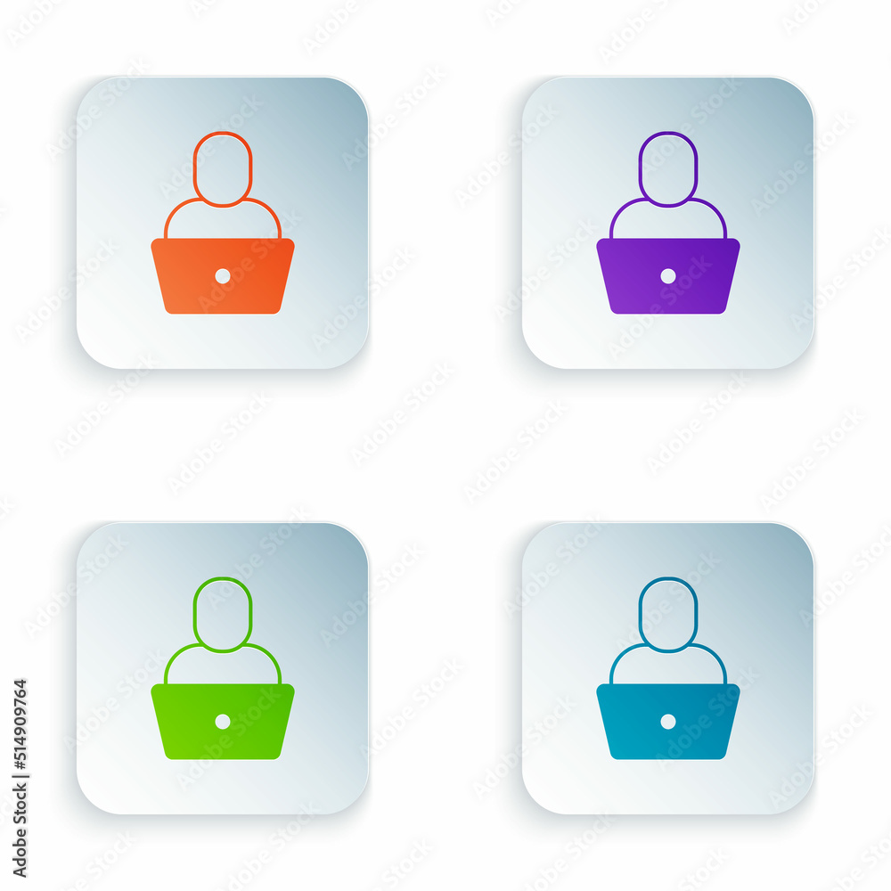 Obraz premium Color Freelancer icon isolated on white background. Freelancer man working on laptop at his house. Online working, distant job concept. Set colorful icons in square buttons. Vector