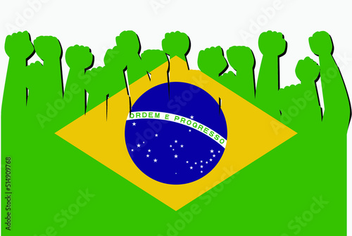 Brazil flag with raised protest hands vector, country flag logo, Brazil protesting concept