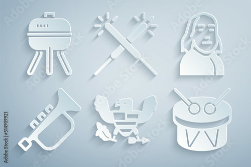 Set Eagle, Benjamin Franklin, Trumpet, Drum and drum sticks, Sparkler firework and Barbecue grill icon. Vector