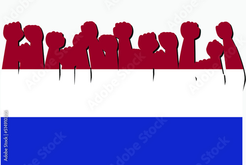 Netherlands flag with raised protest hands vector, country flag logo, Netherlands protesting concept