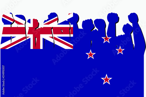 New Zealand flag with raised protest hands vector, country flag logo, New Zealand protesting concept