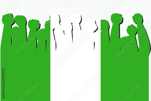 Nigeria flag with raised protest hands vector, country flag logo, Nigeria protesting concept
