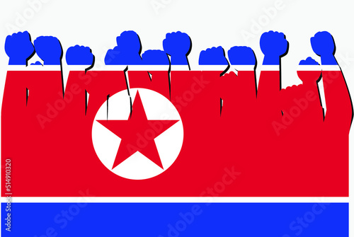 North Korea flag with raised protest hands vector, country flag logo, North Korea protesting concept