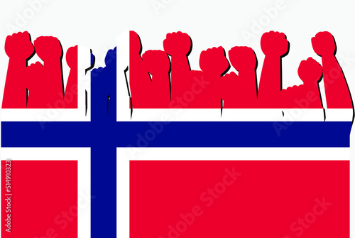 Norway flag with raised protest hands vector, country flag logo, Norway protesting concept