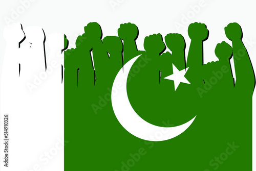 Pakistan flag with raised protest hands vector, country flag logo, Pakistan protesting concept