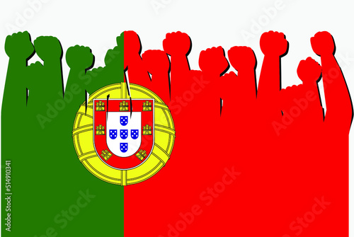 Portugal flag with raised protest hands vector, country flag logo, Portugal protesting concept