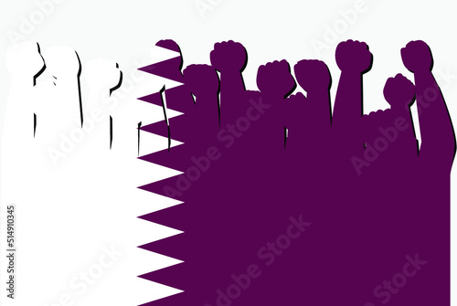 Qatar flag with raised protest hands vector, country flag logo, Qatar protesting concept