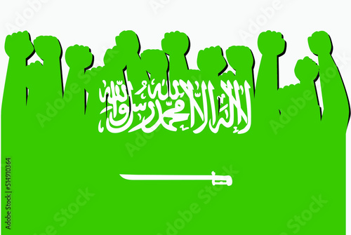 Saudi Arabia flag with raised protest hands vector, country flag logo, Saudi Arabia protesting concept