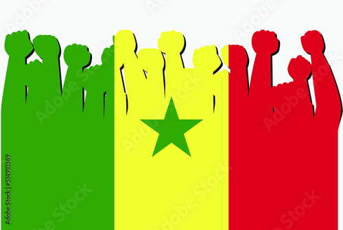 Senegal flag with raised protest hands vector, country flag logo, Senegal protesting concept
