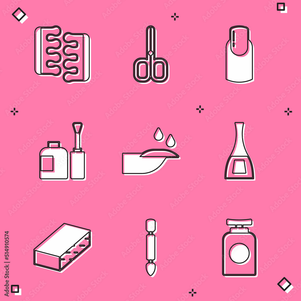 Set Toe separator for pedicure, Nail scissors, manicure, Bottle of nail polish, file and Cuticle pusher icon. Vector Set Toe separator for pedicure, Nail scissors, manicure, Bottle of nail polish, file and Cuticle pusher icon. Vector