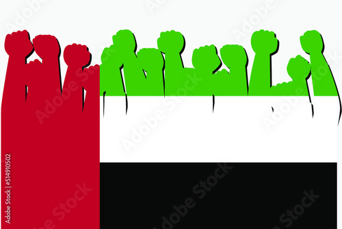 UAE flag with raised protest hands vector, country flag logo, UAE protesting concept
