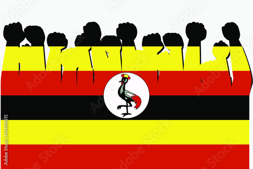 Uganda flag with raised protest hands vector, country flag logo, Uganda protesting concept