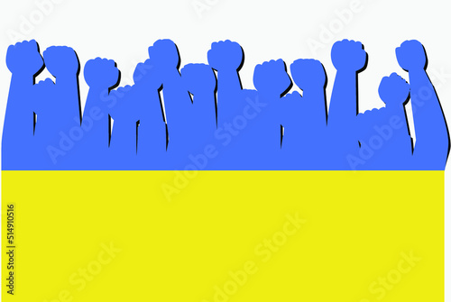 Ukraine flag with raised protest hands vector, country flag logo, Ukraine protesting concept